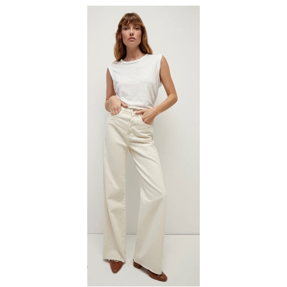 Veronica Beard High Rise Wide Leg Jeans Ecru Off White Patch Pocket Raw Hem 25